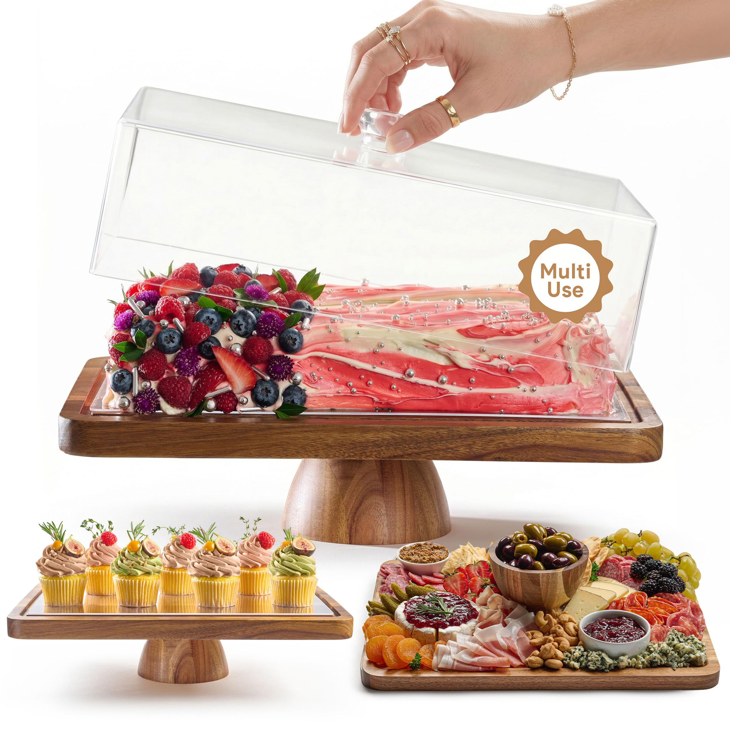 Amazon｜HOMESPHERE アカシア木製ケーキスタンド 蓋付き - 長方形